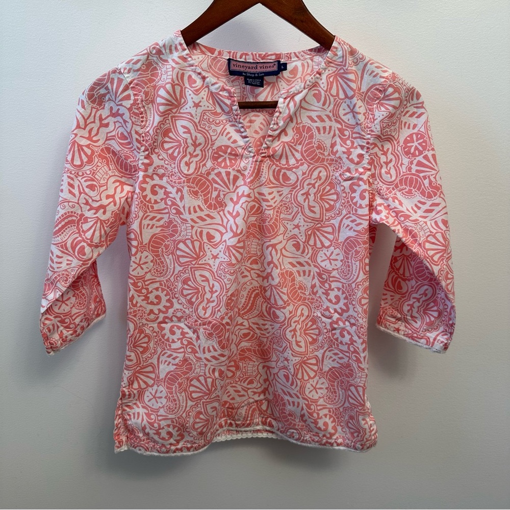 Vineyard Vines Seashell Tunic 3/4 Sleeves Scalloped Pink White Girls Large (12)